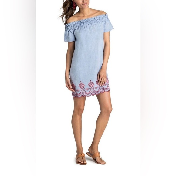 Vineyard Vines Off Shoulder Oxford Dress - Picture 1 of 9
